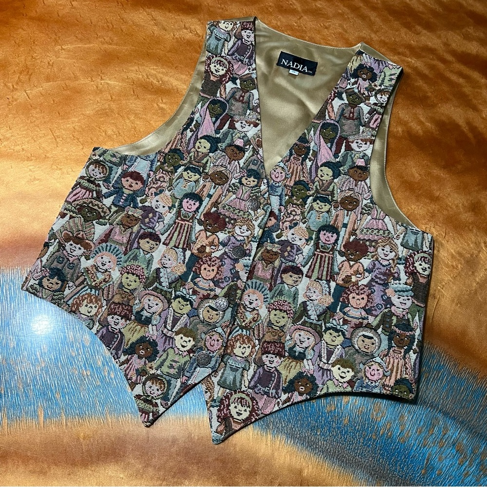 Vintage Tapestry Children of the World satin back button front Vest USA
